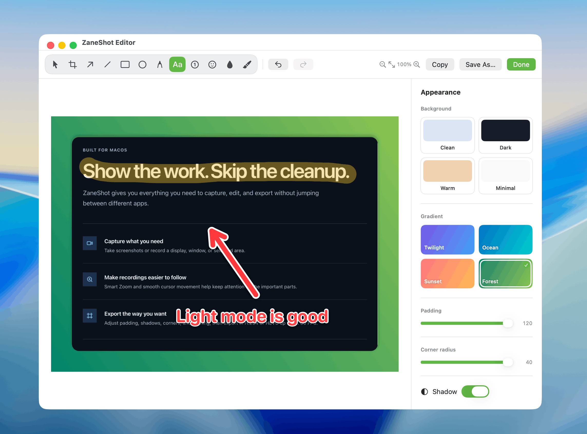 ZaneShot screenshot editor with annotation and background controls