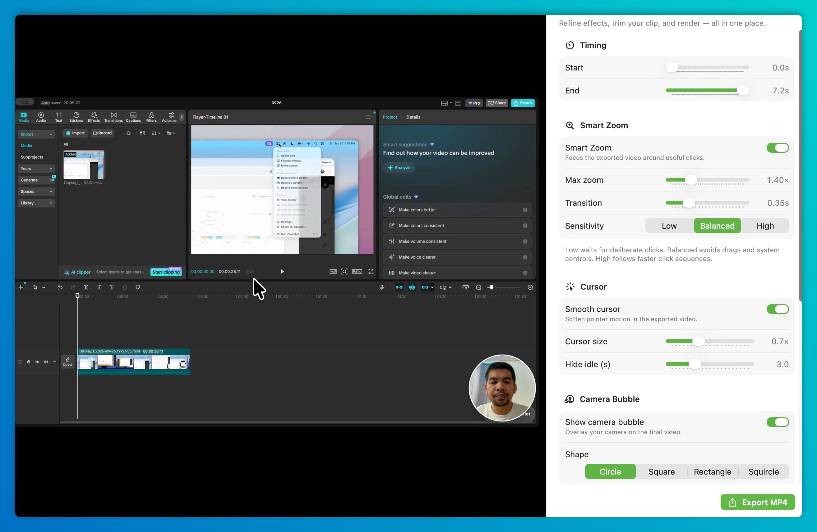 ZaneShot screen recording editor with camera and export controls